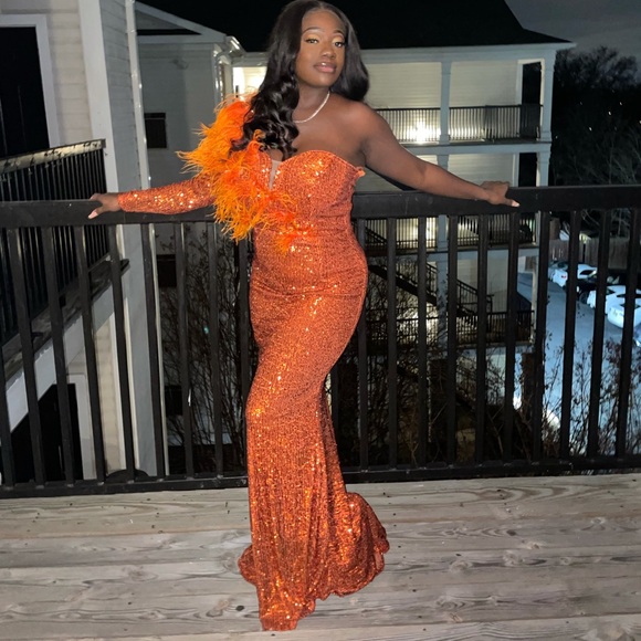 Custom High quality sequin gown with ostrich feathers. - Picture 1 of 4